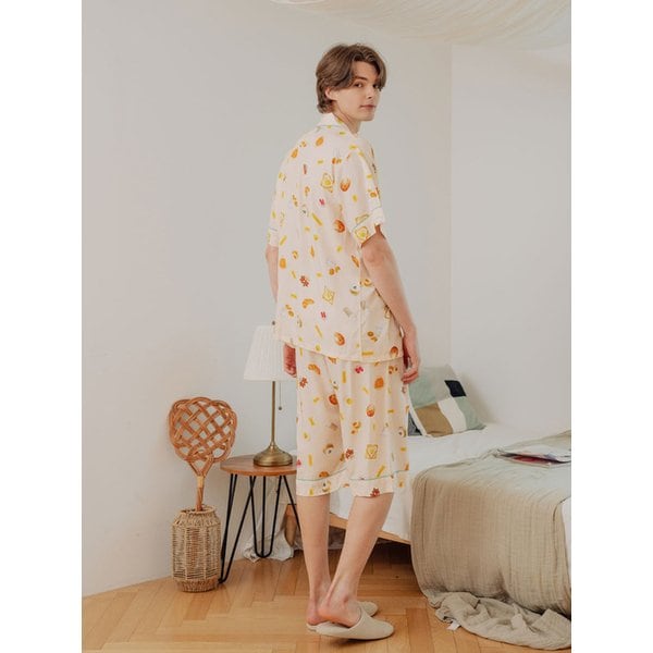 남성 브런치 레이온 반소매 카라 잠옷