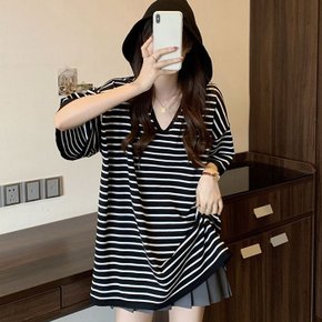 호이안 스트라이프 후드 반팔 롱니트티_S4619