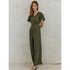 LINEN BLENDED SHORT SLEEVE JUMPSUIT [KHAKI]