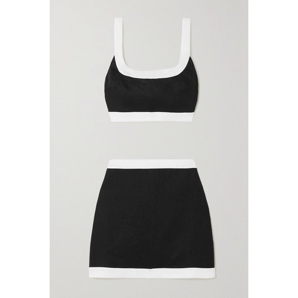 리포메이션 로비 투톤 린넨 크롭 탑 및 미니 스커트 세트 블랙 1647597283630966