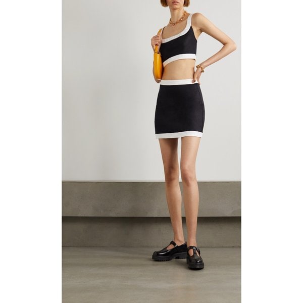 리포메이션 로비 투톤 린넨 크롭 탑 및 미니 스커트 세트 블랙 1647597283630966