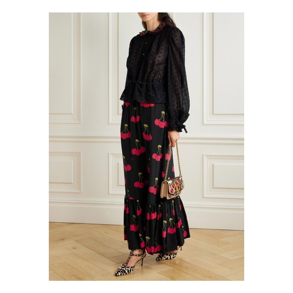 주름 벨벳 트리밍 프린트 실크 크레이프 맥시 스커트 블랙 46376663162855034