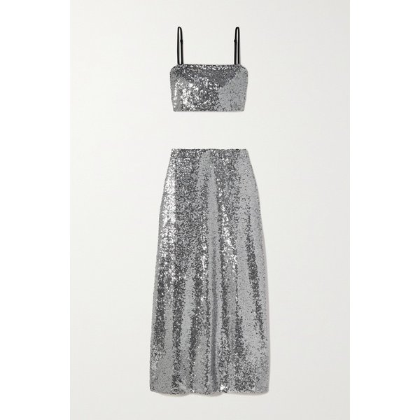 아피 시퀸 스트레치 저지 크롭 탑 미디 스커트 세트 실버 1647597289204479