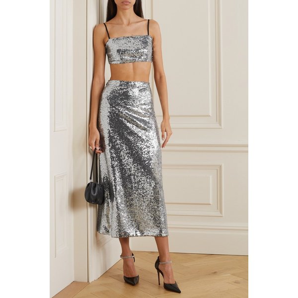 아피 시퀸 스트레치 저지 크롭 탑 미디 스커트 세트 실버 1647597289204479