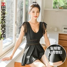 블랙 원피스 수영복 프릴 시스루 비키니 수영복 플레어 치마 휴양지 비치웨어 CE025
