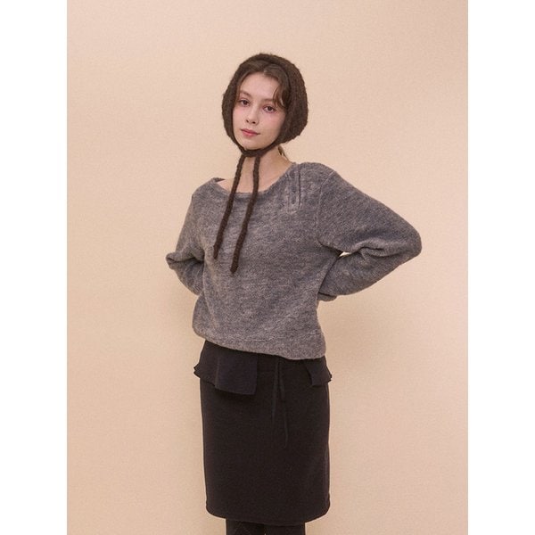 FUZZY BOAT NECK KNIT-GRAY