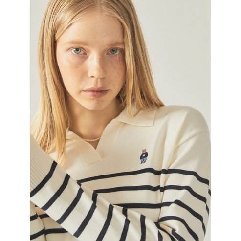 후아유 Steve Open Collar Stripe Pullover  WHKAF2353F