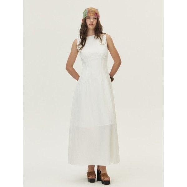Linen Boat-Neck Pintucked Dress, Ivory