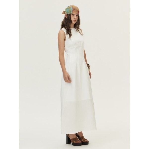 Linen Boat-Neck Pintucked Dress, Ivory
