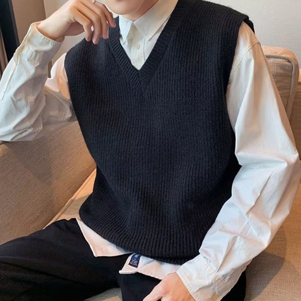 남자 베이직 캐쥬얼 골지 무지 니트 조끼 LD-VEA-SIS637-블랙