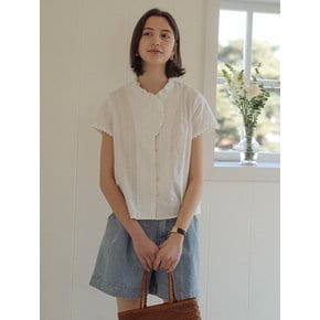 Embroidery textured short sleeve frill blouse_Ivory