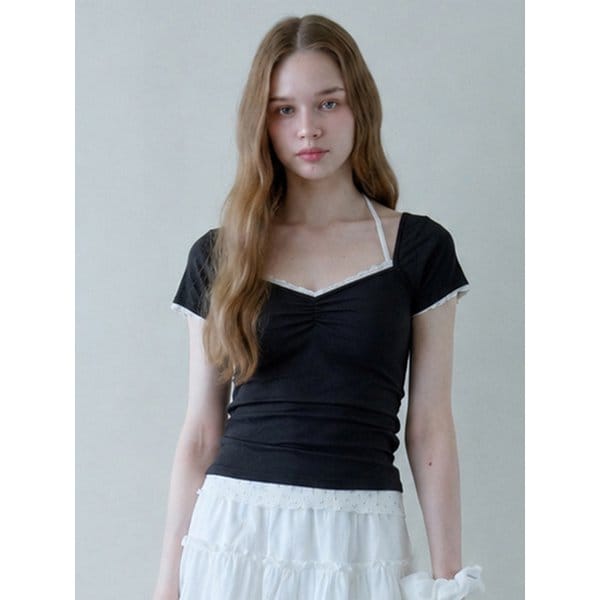 DEW LACE SHIRRING T-SHIRT_BLACK
