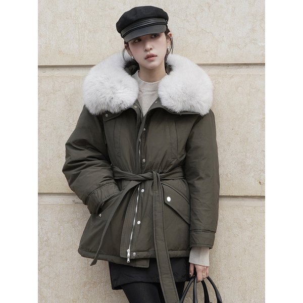 [유니 PICK] FOX FUR HOODED DRAW STRING GOOSE DOWN JUMPER [KHAKI][BLACK]