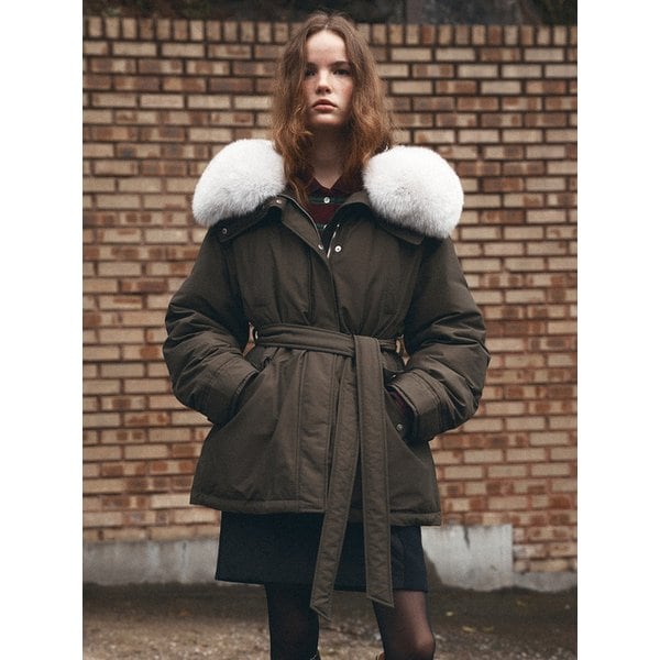 [유니 PICK] FOX FUR HOODED DRAW STRING GOOSE DOWN JUMPER [KHAKI][BLACK]