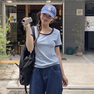 핫핑 젠느 골지 딥유넥 반팔티셔츠P000CQMX