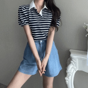 라디아 카라 배색 퍼프 스트라이프 반팔 티셔츠 3color _P367116441