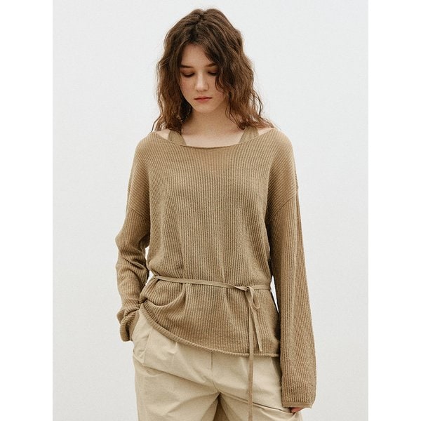 린넨 오버핏 레이어드 니트 세트_KHAKI