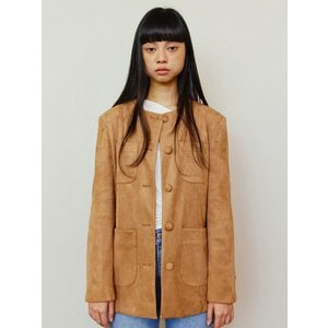 르세지엠 Round No Collar Suede Half Jacket - Camel