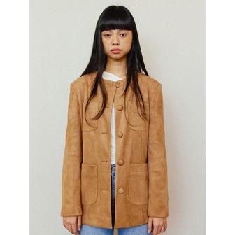 르세지엠 Round No Collar Suede Half Jacket - Camel