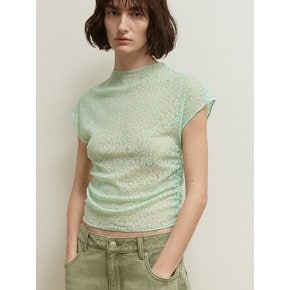 FLOWER MESH SHIRRING TOP [GREEN]