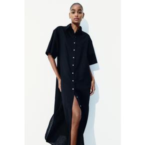 리넨 블렌드 셔츠 드레스 블랙 1278042002