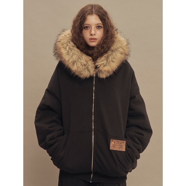 와일드 오버핏 퍼 후디드 집업 차콜