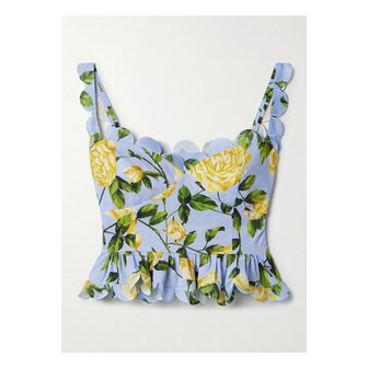 오스카드라렌타 오스카 드 라 렌타 크롭 스캘럽 플로럴 프린트 코튼 혼방 포플린 탑 블루 1647597358157636