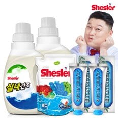 강호동의 쉬슬러 액상 세제 실내건조전용 650ml 2개+세제리필 500ml 1개+치석케어 치약 100g 2개.