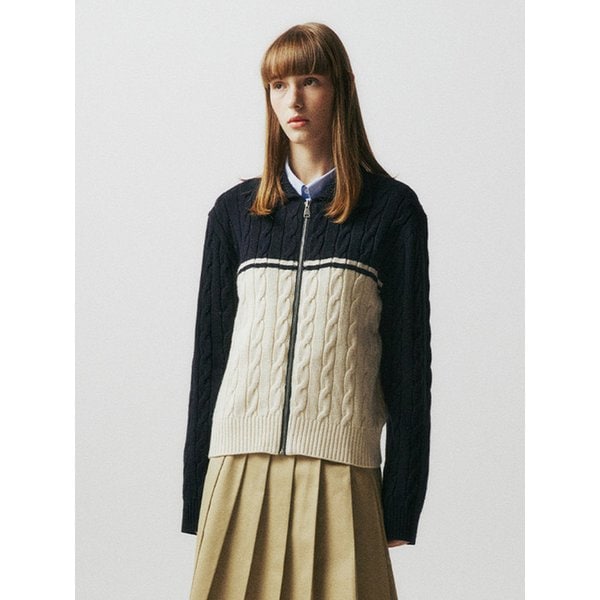 Cable Knit Zip-up Cardigan_Navy