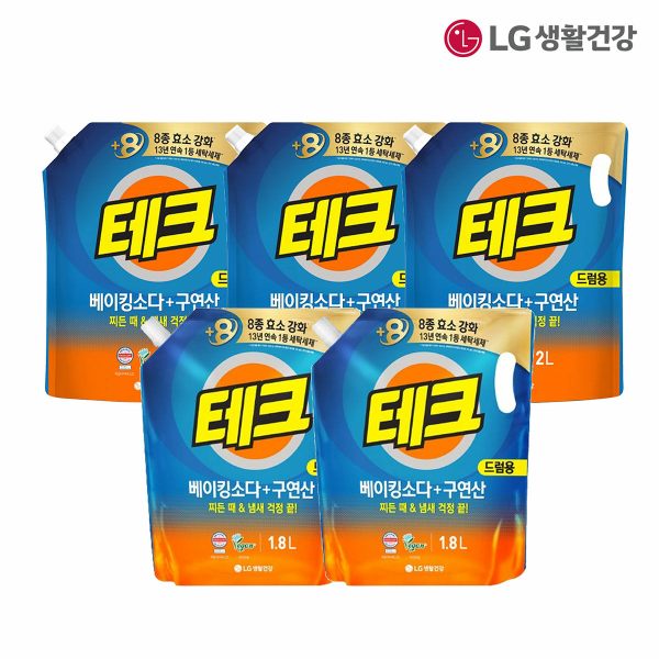 LG생활건강 테크 베이킹소다+구연산 액체세제(드럼) 리필 2L*3개 +1.8L*2개