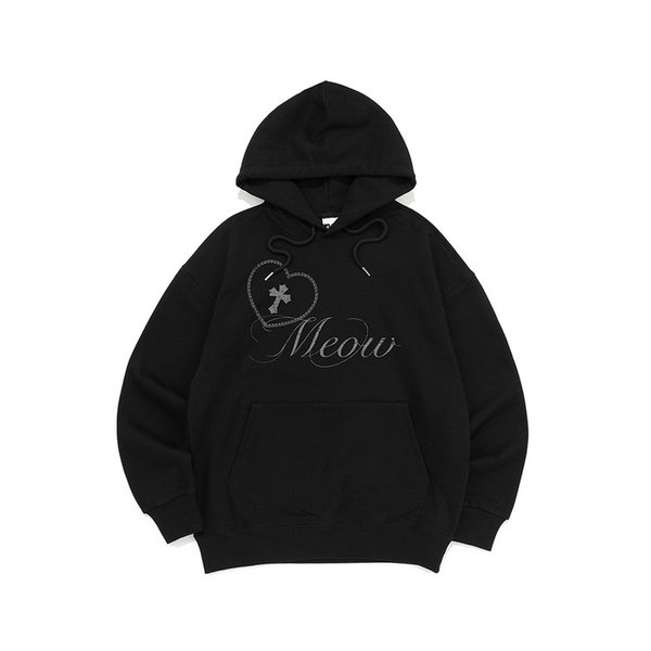 CROSS HEART MEOW PRINT HOODIE (BLACK)