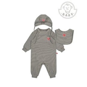 [베이비 세트] 블랙 스트라이프 브러시드 점프수트 & 턱받이 & 보닛  BB5WBS21BK