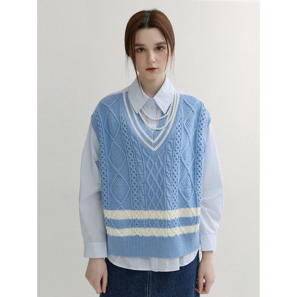 Oxford Cable Vest Layered Shirts (Blue)