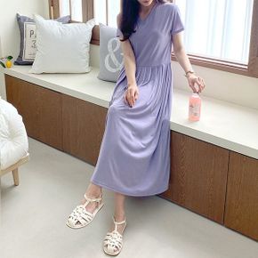 브이넥 플리츠 반팔 롱원피스_P323641785