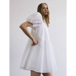 JACQUARD PUFF BLOOM DRESS / WHITE