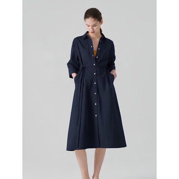 Belted Relaxed Shirt Dress_White_Navy