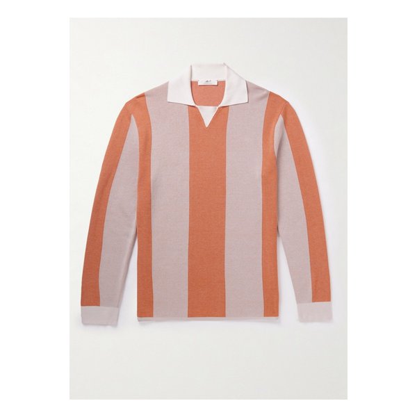 스트라이프 투톤 허니콤 니트 코튼 혼방 폴로 셔츠 오렌지