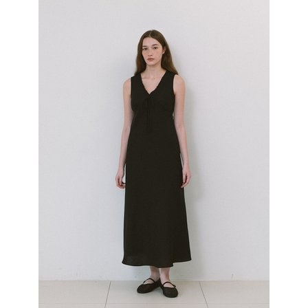 라미네즈 V-neck Ribbon Long Dress - Black