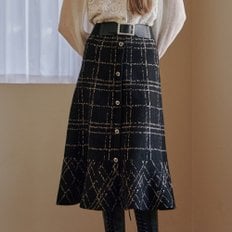 스티치 라인 체크 플레어 미디 니트 스커트 ZE03QS004NA