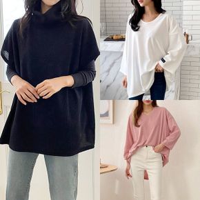 여자 빅사이즈 폴라 반팔 조끼 브이넥 롱 티셔츠 봄옷_P354478905
