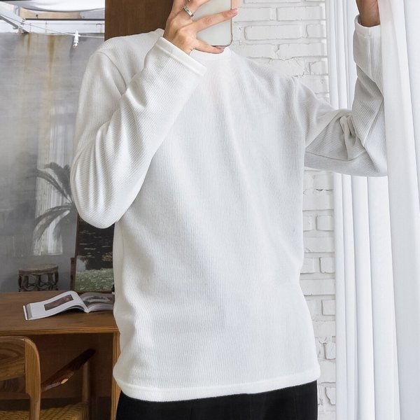 남자 솔리드 골지 라운드 긴팔 티셔츠 5C-TSA-Q108-흰색