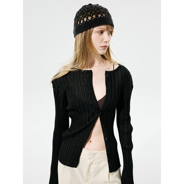 SHEER GLOSSY PLEATS CARDIGAN_BLACK