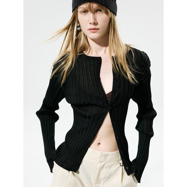 SHEER GLOSSY PLEATS CARDIGAN_BLACK