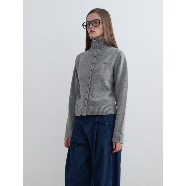 Cashmere High-Neck Cardigan Melange Grey