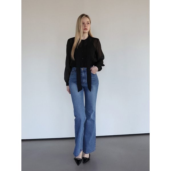 Sheer tie blouse ( sleeveless SET.) - BLACK