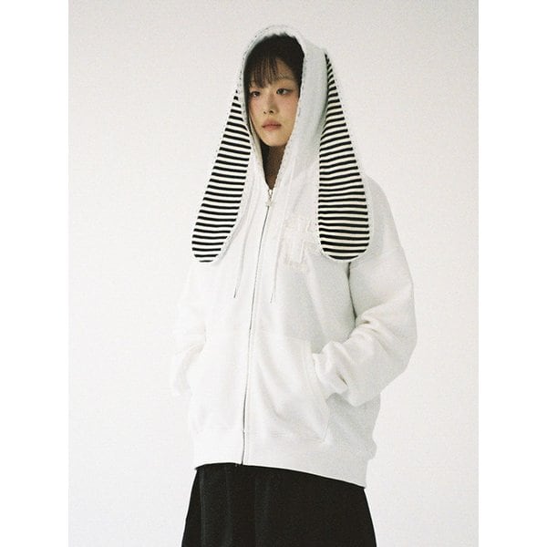 Cross Bunny Ear Zip-Up Hoodie - WHITE
