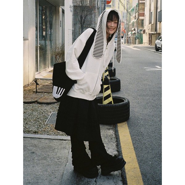 Cross Bunny Ear Zip-Up Hoodie - WHITE