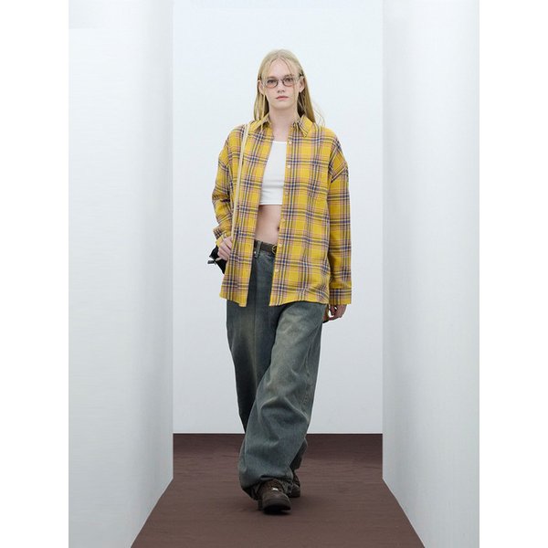 85-VIVA069 레트로 긱 무드 오버핏 포켓 긴팔 체크 셔츠 옐로우