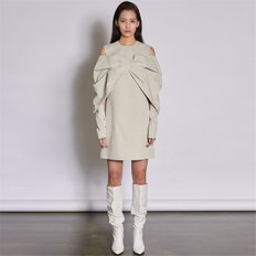 [쿠만] Light beige bow drape off shoulder mini dress