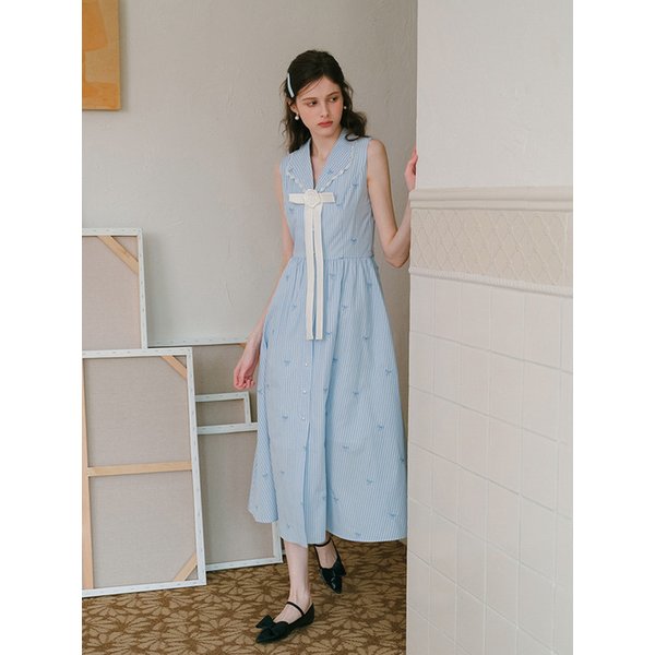 Cest_Striped bow lapel sleeveless dress